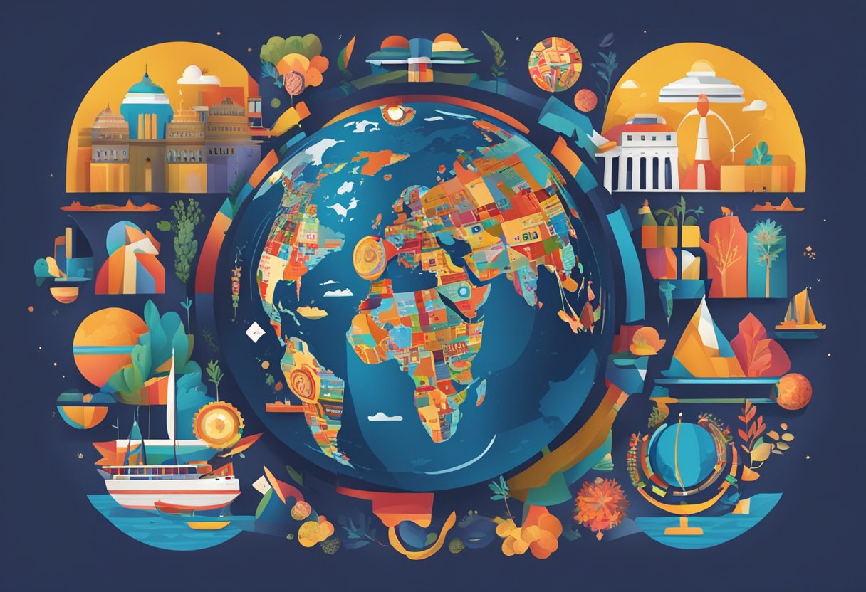 A globe surrounded by diverse cultural symbols, with the words "Internationales Branding" in bold, vibrant colors