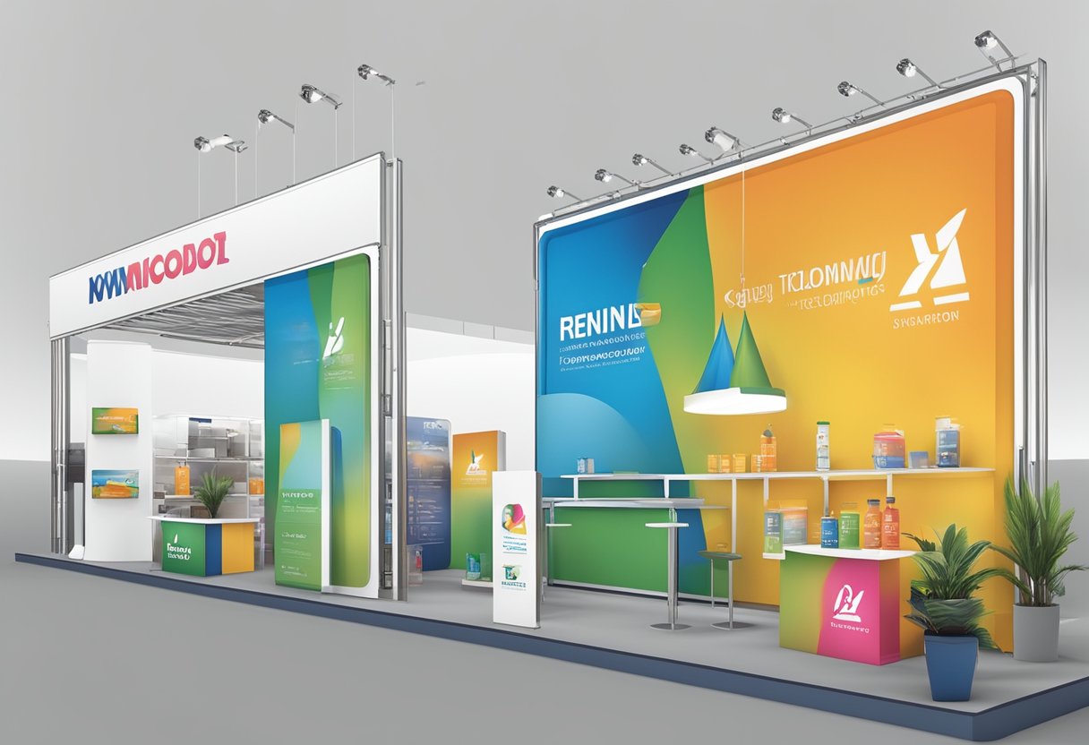 A company logo is prominently displayed on a billboard, while various products with the same logo are being promoted at a trade show booth