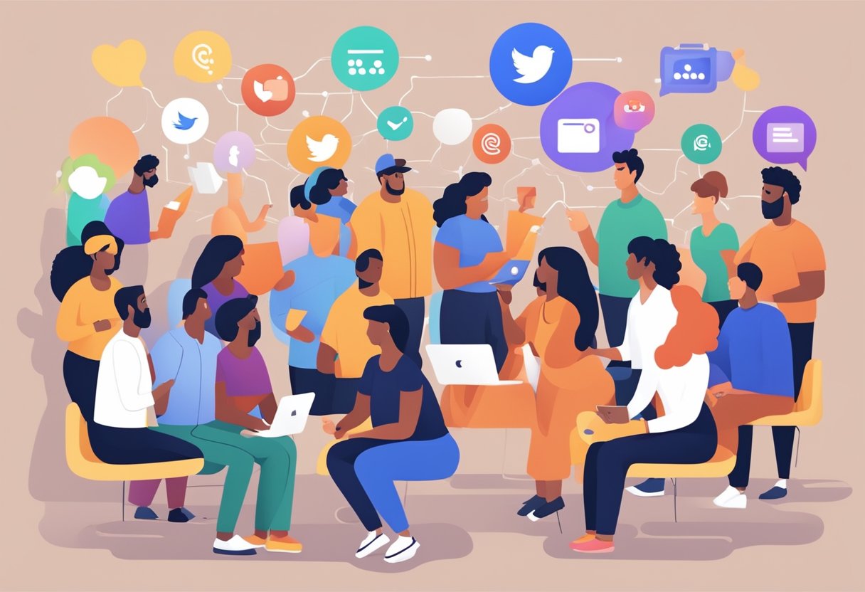 A diverse group of people engaging with brands and each other on social media platforms, creating a sense of community and fostering customer loyalty