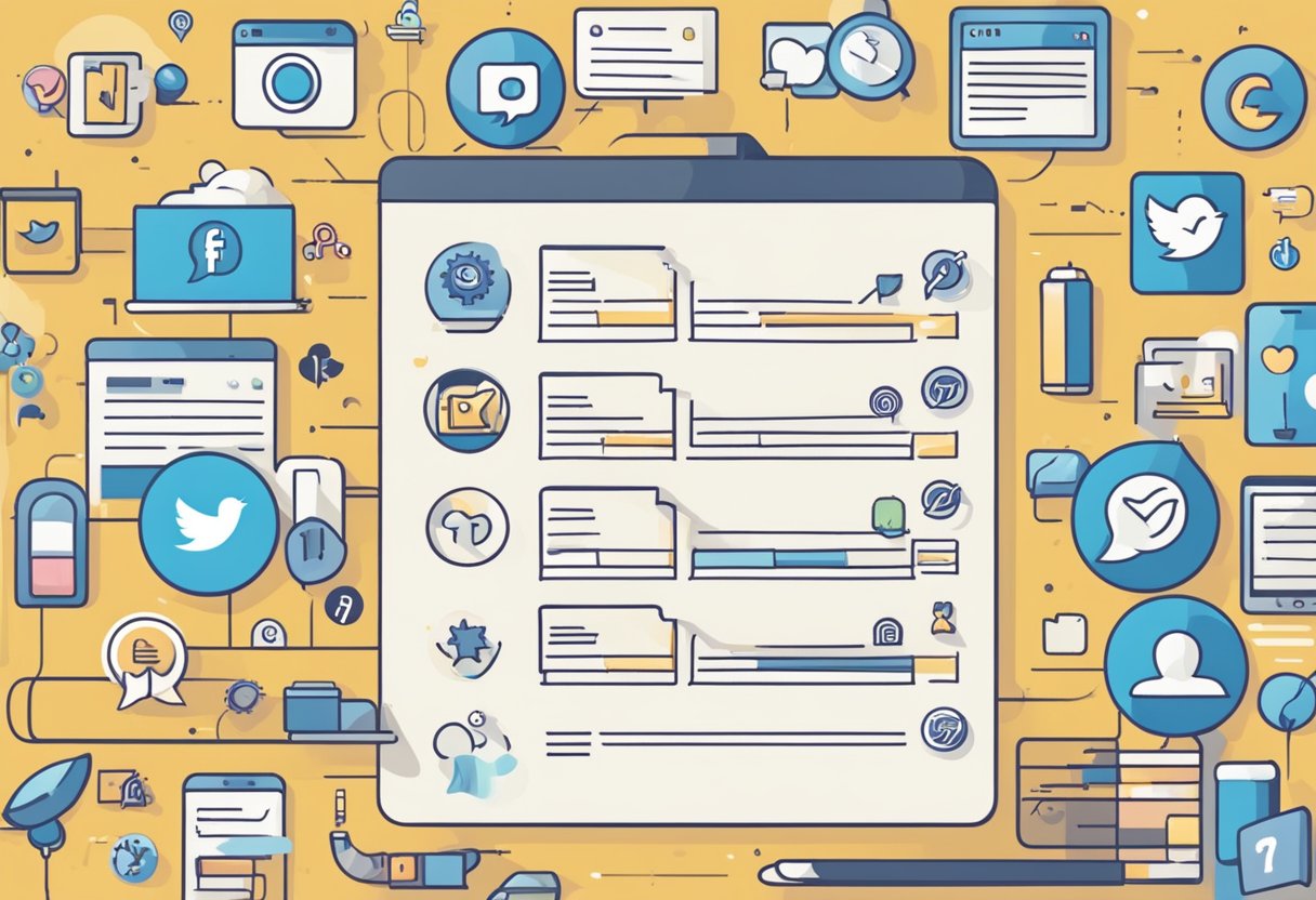 A checklist with various social media icons and symbols, representing the fundamentals of social media success