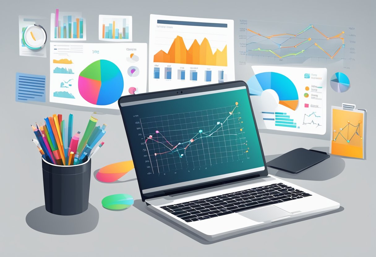 A desk with a laptop, notebook, and pen. Charts and graphs showing marketing data on the wall. A smartphone displaying marketing tools