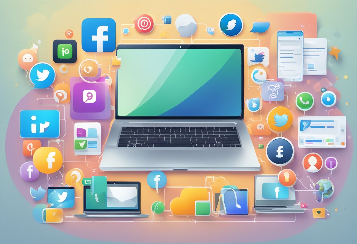 A laptop surrounded by various social media icons and marketing tools