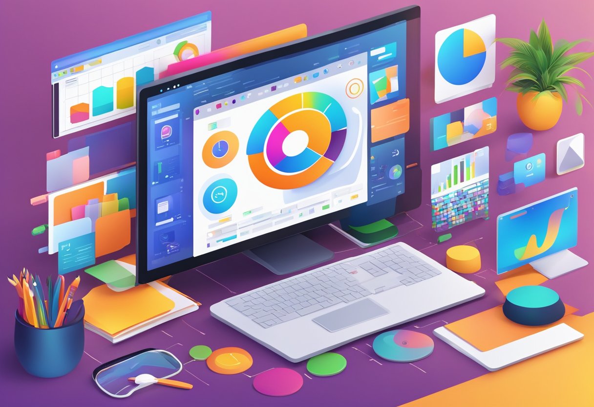 A computer with design software open, surrounded by colorful graphics and marketing icons. A visual content creation process is depicted