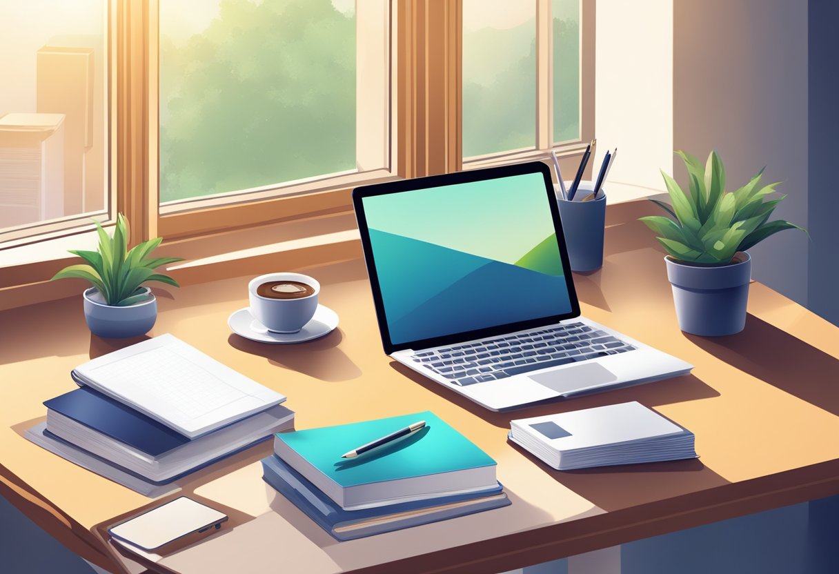 A desk with a computer, notebook, pen, and smartphone. A stack of marketing books and a cup of coffee. Bright, natural light coming through a window