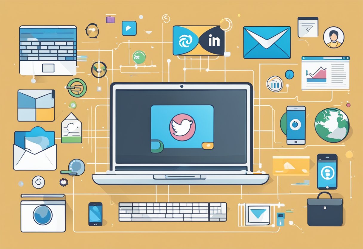 A laptop surrounded by various marketing tools like social media icons, email marketing symbols, and analytics charts