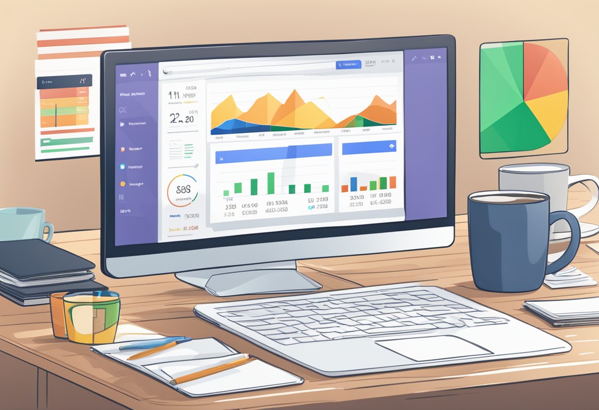 A computer screen displaying a Google Ads dashboard with various campaign metrics and charts, surrounded by a notebook, pen, and coffee mug