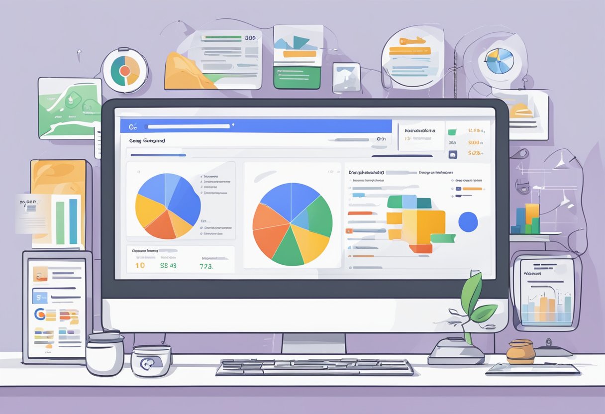 A computer screen displaying Google Ads dashboard with various advanced features and strategies. No human subjects or body parts included