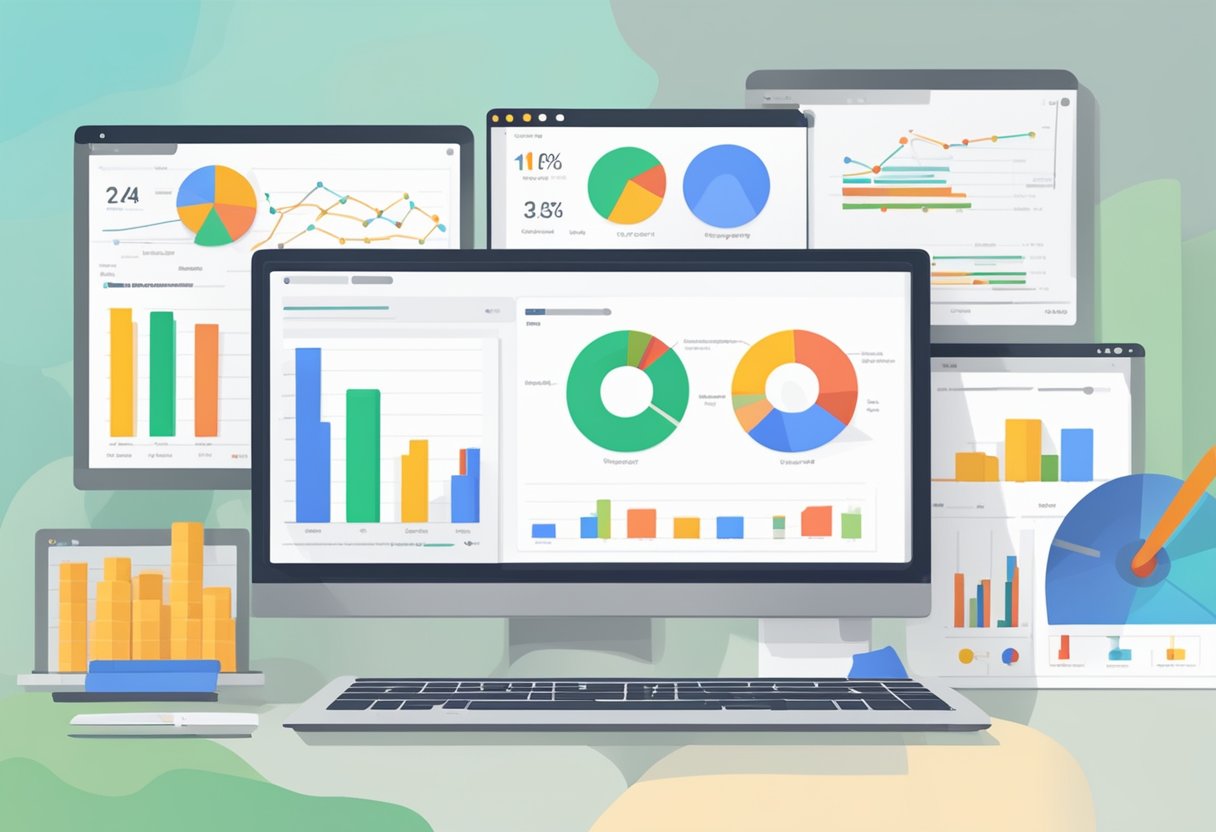 A computer screen displaying Google Ads campaign management and optimization. Graphs and data charts show performance metrics