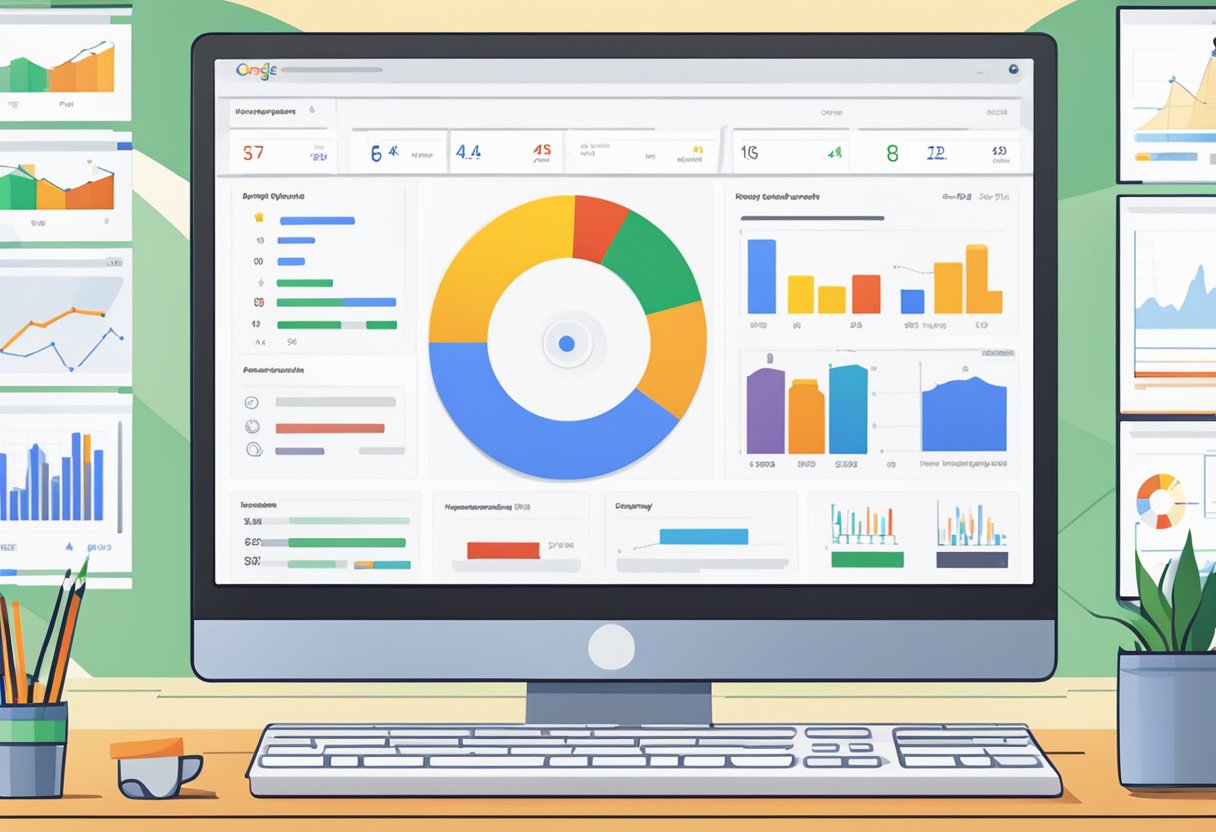 A computer screen displaying Google Ads dashboard with charts and data