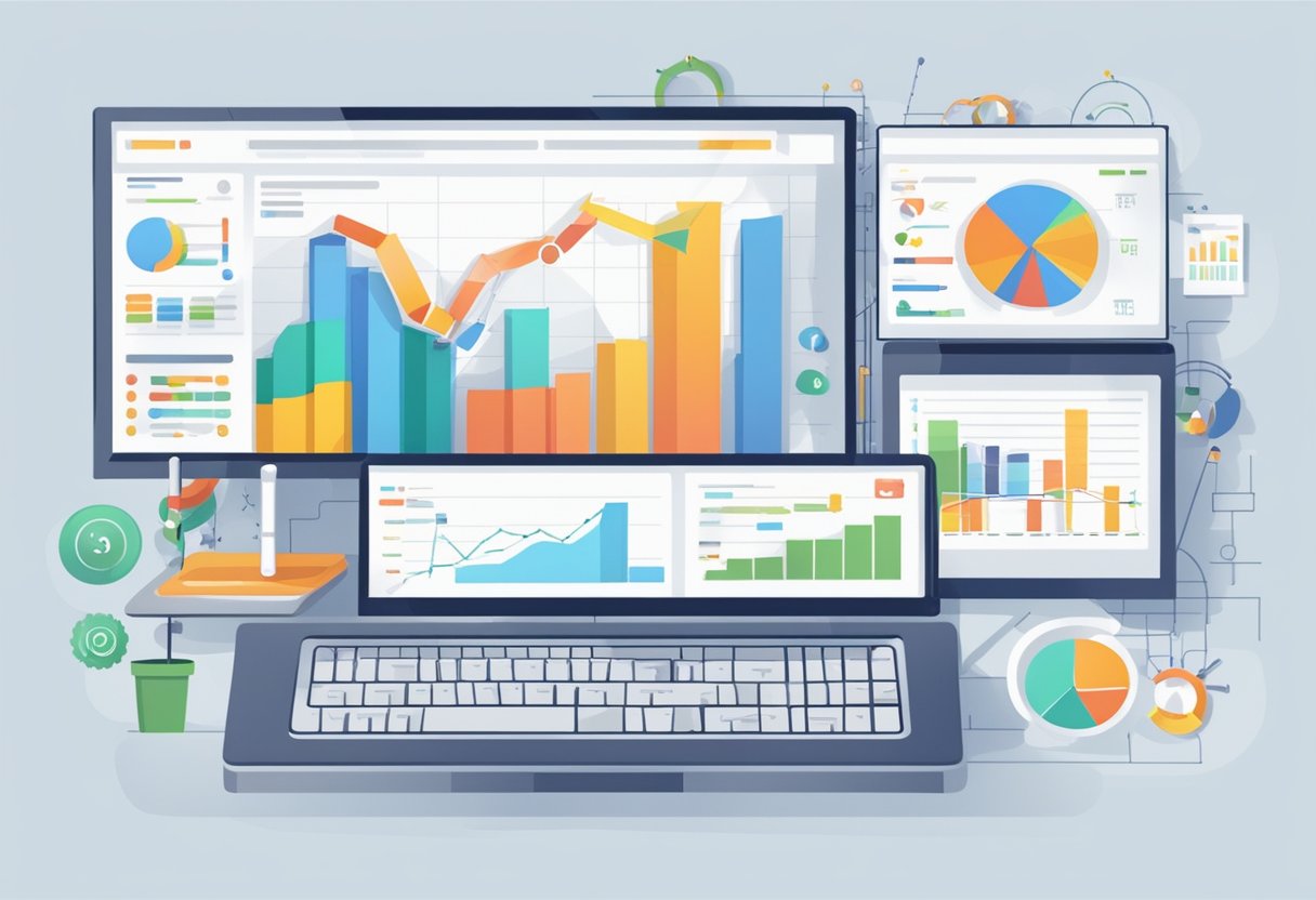 A computer screen displaying digital marketing and SEO strategies with various charts and graphs