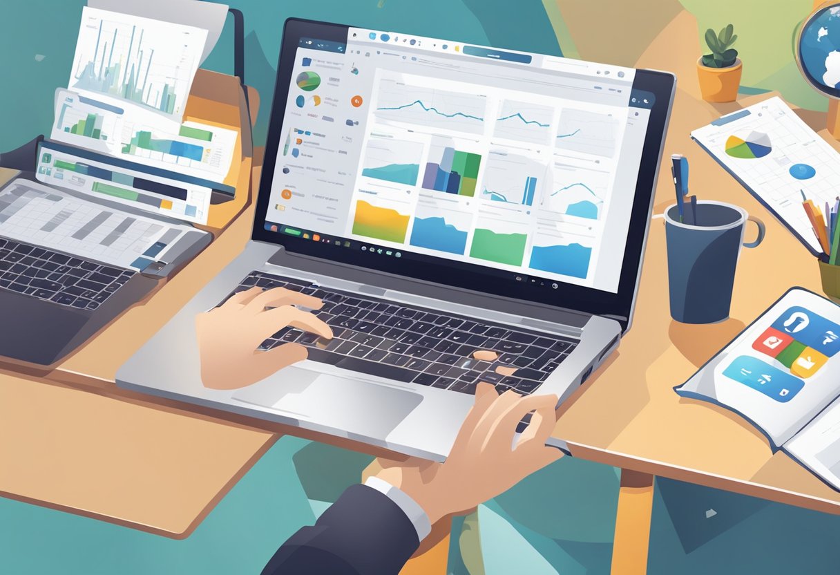 A laptop and smartphone with social media icons on a desk, surrounded by charts and graphs. A person's hand is typing on the keyboard