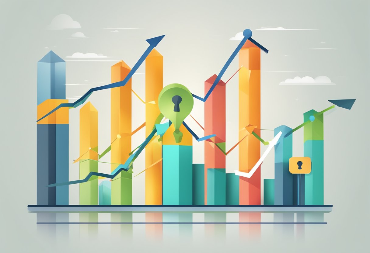 A bar graph showing key marketing metrics with arrows pointing upwards, symbolizing success