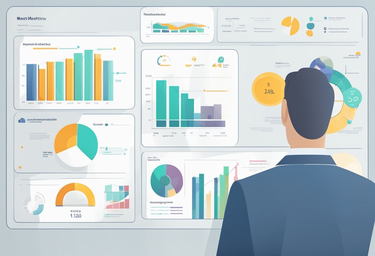 A chart showing key marketing metrics being analyzed and reported, with graphs and numbers displayed