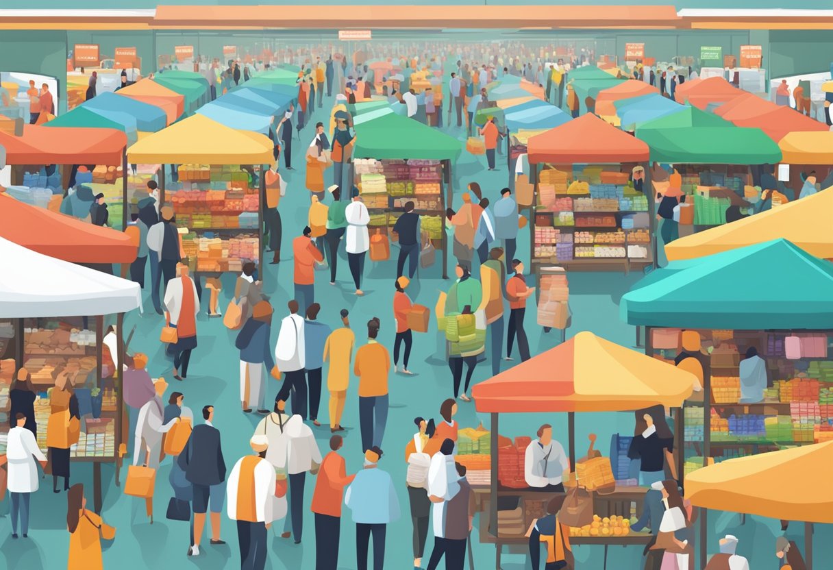 A crowded market with competing stalls, measuring success with key marketing metrics