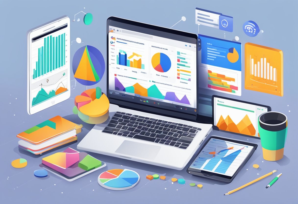 A laptop displaying various online marketing metrics, surrounded by charts and graphs, with a smartphone showing website traffic data