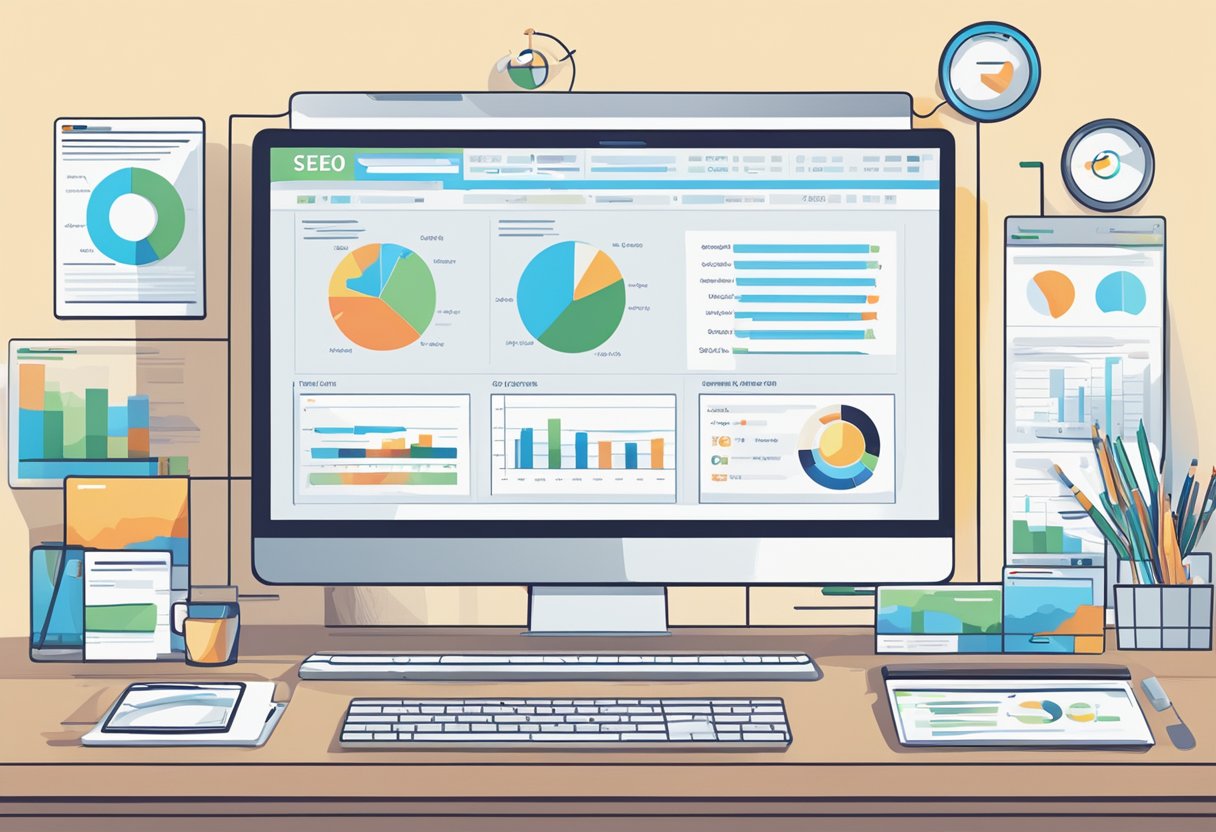 A computer monitor displaying SEO analytics and reporting tools