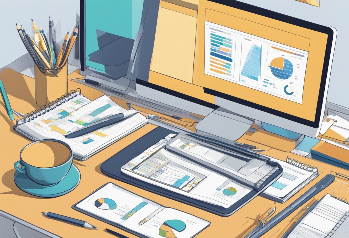 An illustrator could depict a scene of keyword research and SEO analysis, with various tools and methods laid out on a desk, such as a computer, notepads, pens, and charts