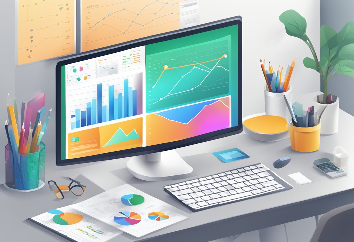 A desk with a computer, notebook, and SEO analysis tools. Charts and graphs displayed on the screen. Bright, organized workspace