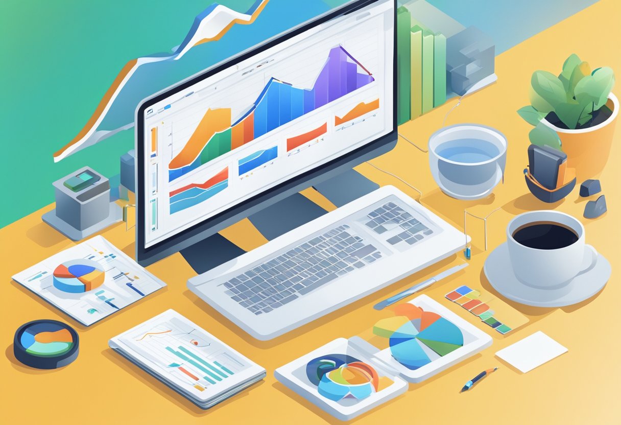 A computer screen displays various SEO analysis and reporting tools. Charts, graphs, and data are visible, showcasing the importance of SEO tools