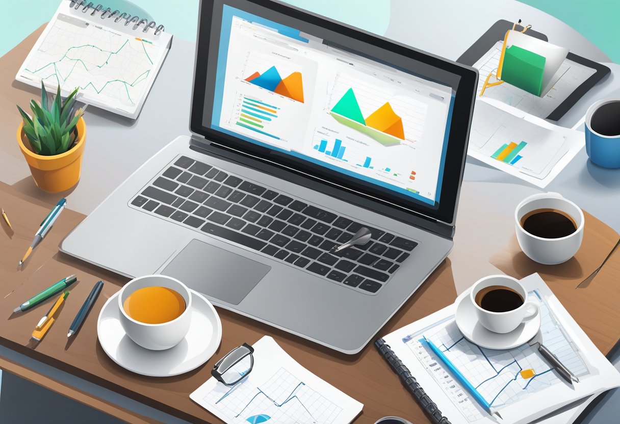 A laptop displaying SEO analysis tools and reporting charts. A notepad with data and a pen. A cup of coffee on the desk