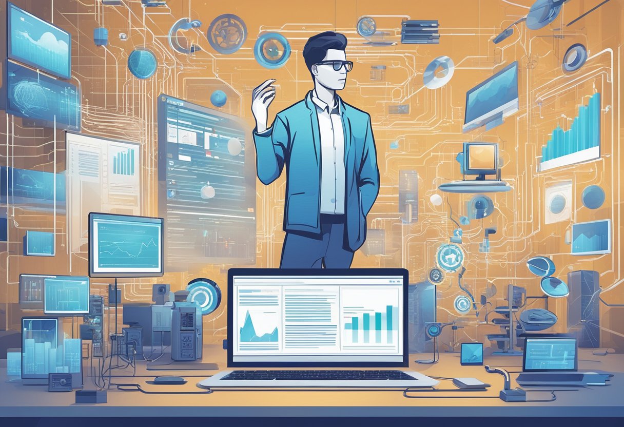 A figure standing confidently amidst a backdrop of technological advancements, symbolizing the establishment of authority and trust in the ever-evolving world of SEO trends and best practices