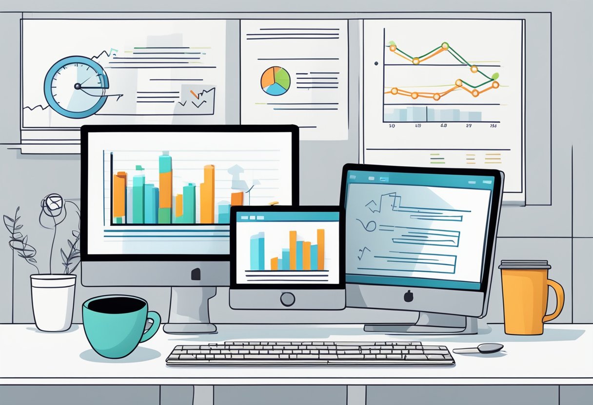 An office desk with a computer, notebook, and coffee mug. A graph showing an upward trend in SEO performance on the computer screen