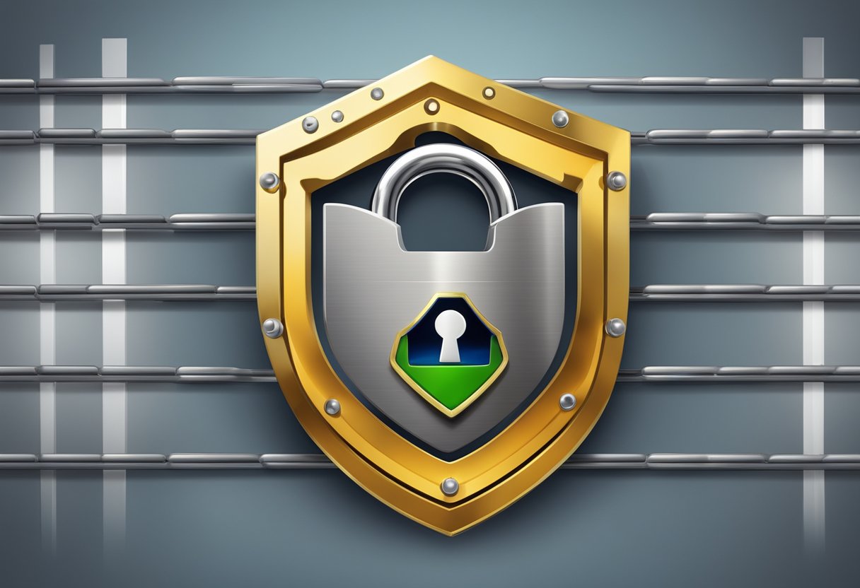 A padlock icon surrounded by a shield, with a barrier around it, representing web security and protection from hacker attacks