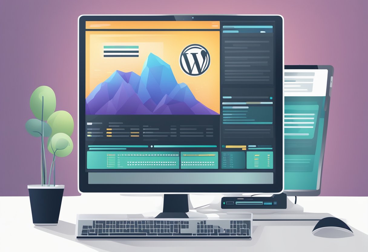 A computer screen displaying a WordPress website, with a web hosting server in the background