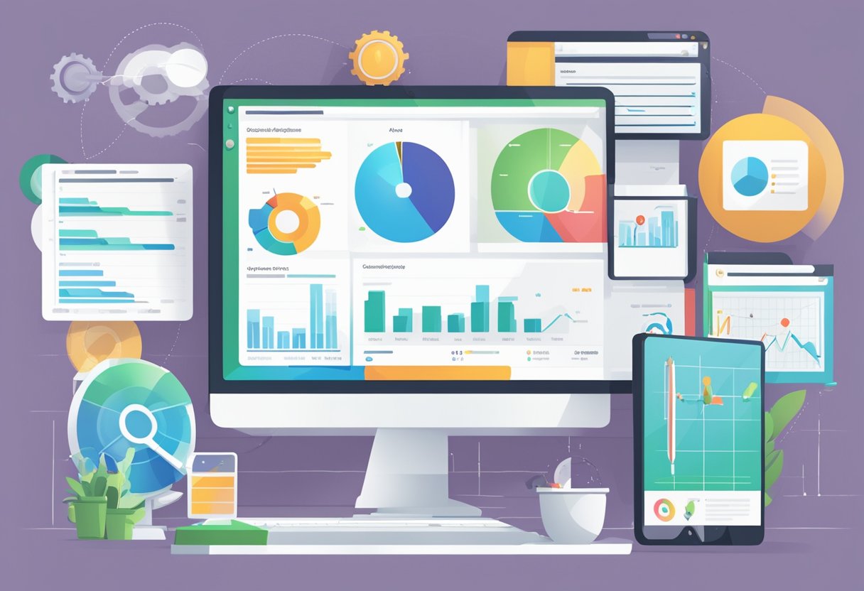 A computer screen displaying SEO strategies for WordPress optimization. Charts and graphs show website performance for search engines