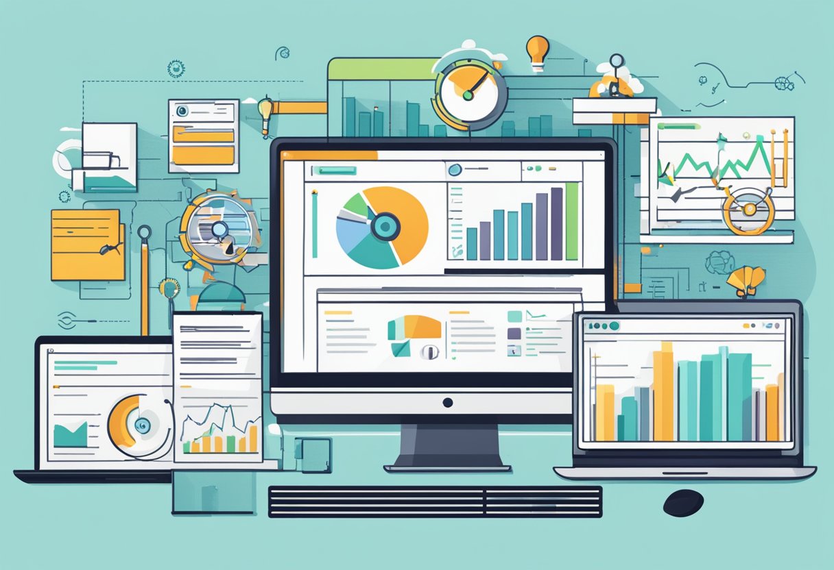 A computer screen displaying a WordPress website with SEO optimization tools and keyword research, surrounded by charts and graphs showing improved search engine rankings